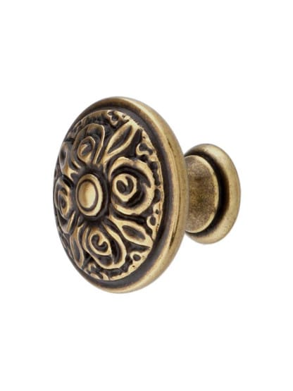 Rose Design Cabinet Knob in Antique Brass Light.